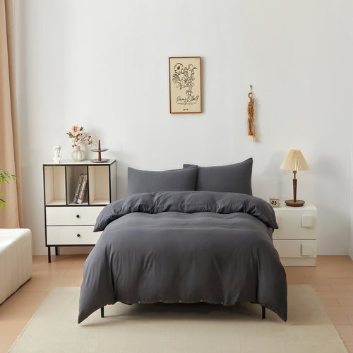 Soft and breathable microfibre duvet cover set with matching pillowcases for a stylish, comfortable bedroom look.