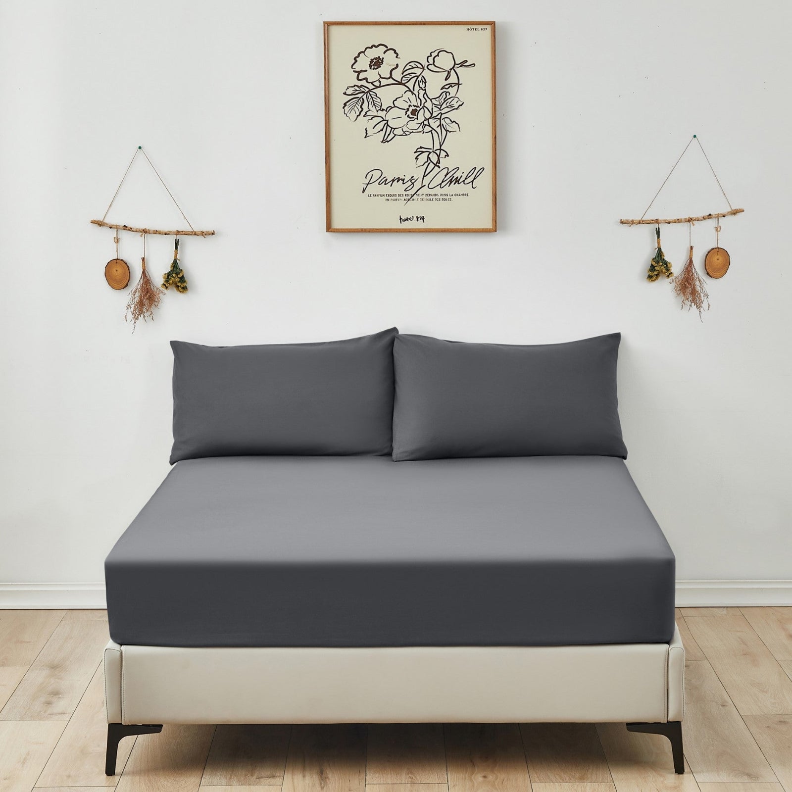Victoria and Carter charcoal fitted sheet, showcasing its smooth, soft microfiber texture