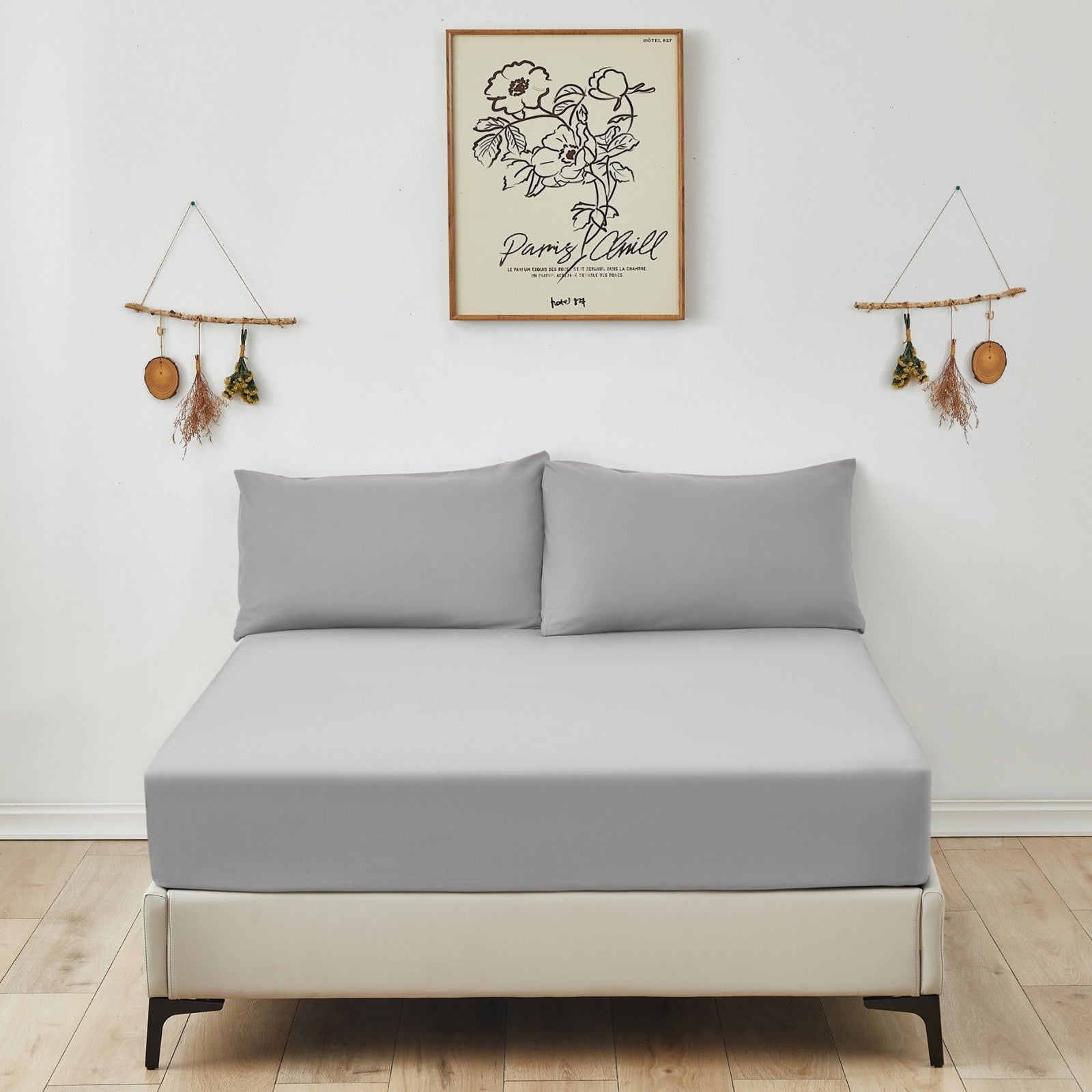 Victoria and Carter silver fitted sheet, showcasing its smooth, soft microfiber texture