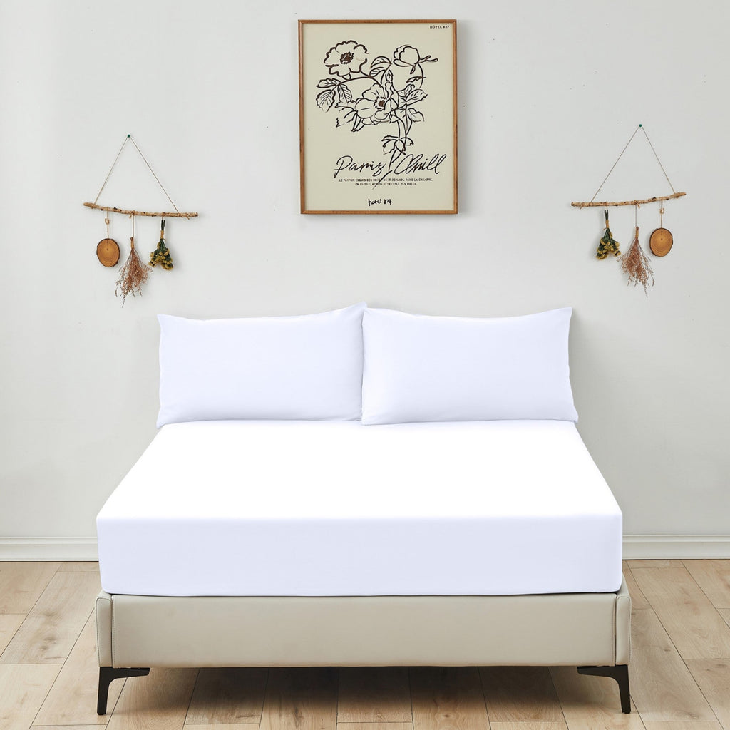 Victoria and Carter white fitted sheet, showcasing its smooth, soft microfiber texture